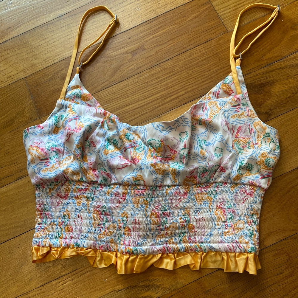 Morgan Lane Yellow Lia Silk blend Cropped Tank Bra Tropical Print Ruffle Hem M